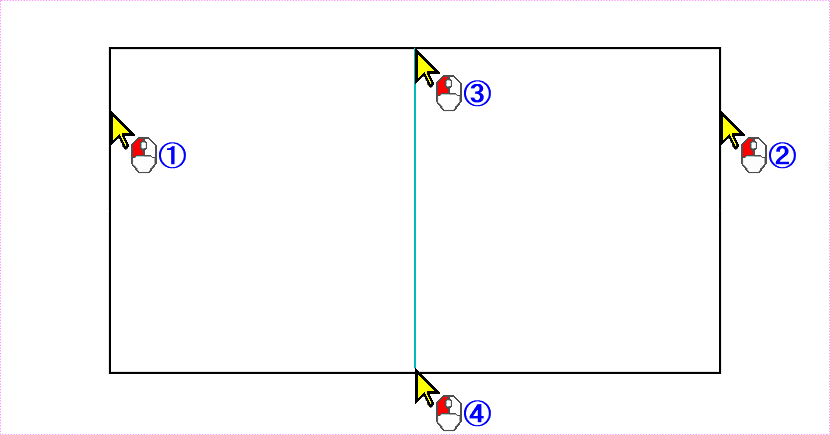 「中央線」コマンドで垂直中央線を描く手順解説図です。