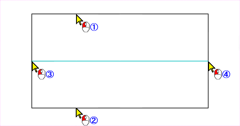 「中央線」コマンドで水平中央線を描く手順解説図です。